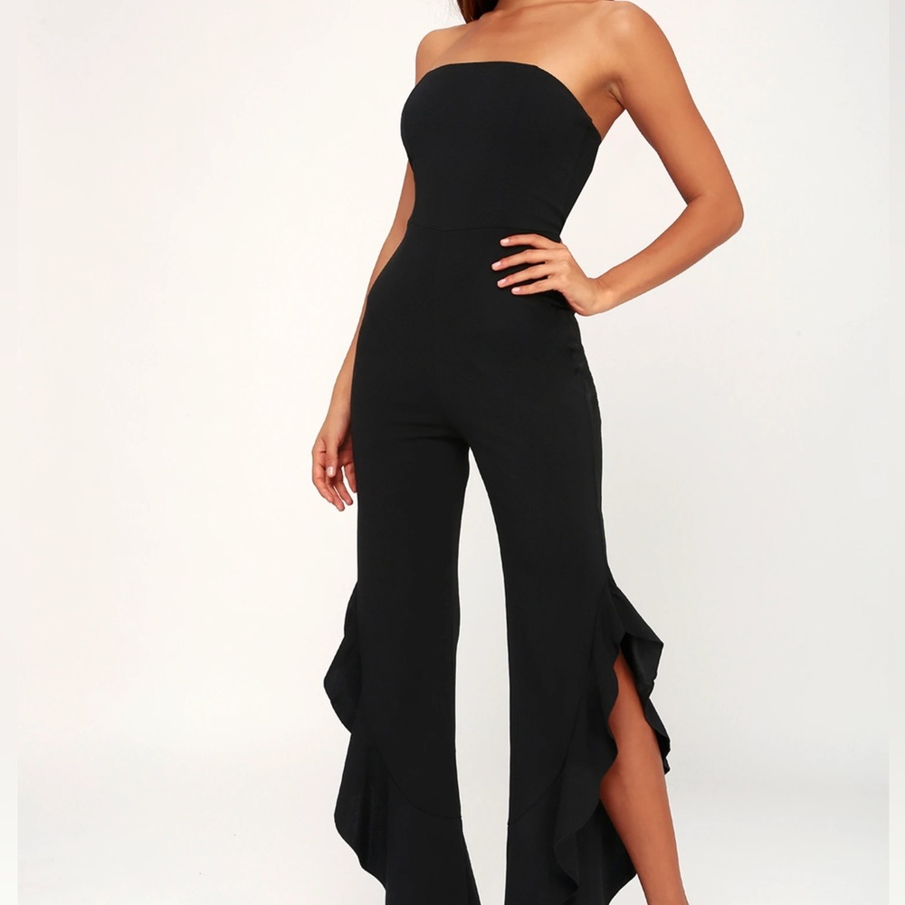 Lulu’s After Midnight Black Strapless Ruffle Leg Jumpsuit